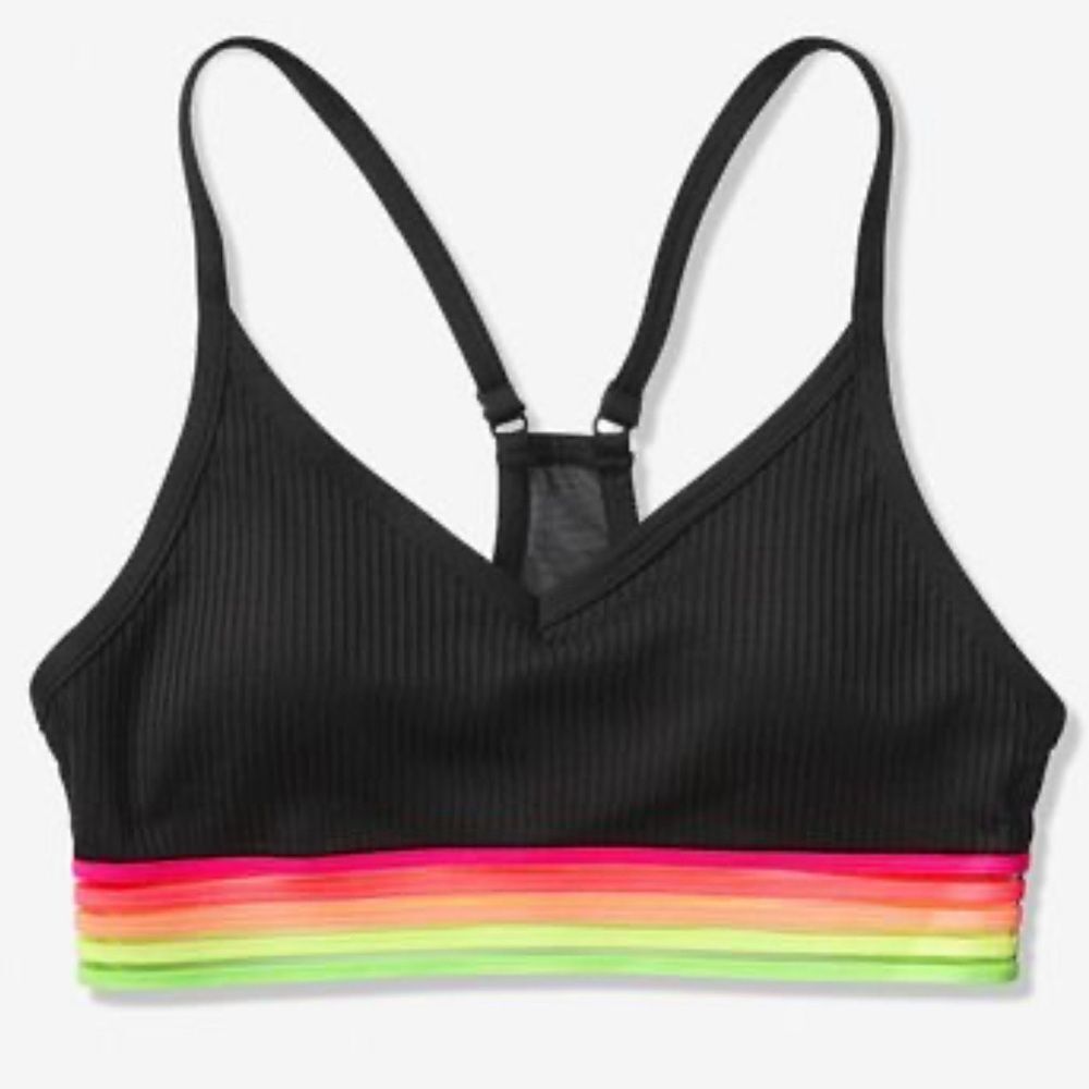VS PINK Blk Neon Rainbow Stripe Sport Bralette Sz S EUC